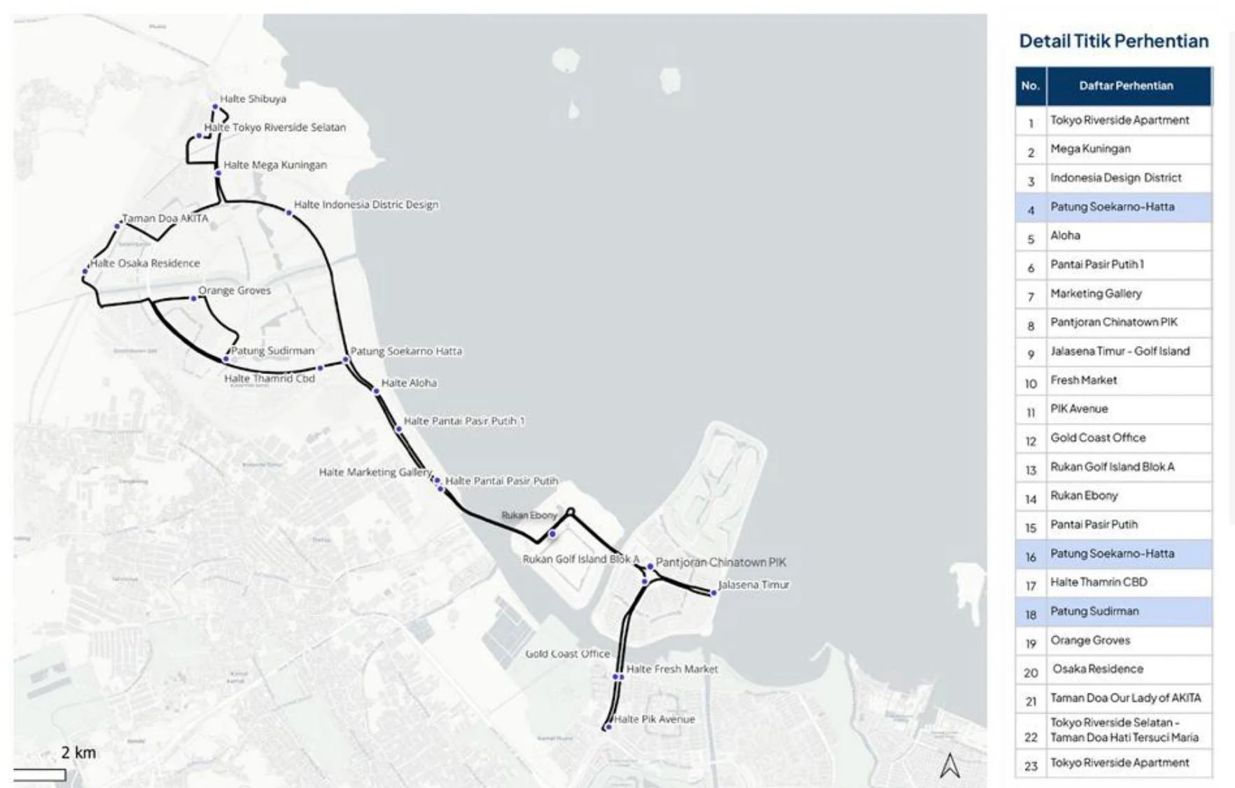 Bus W1 Wisata Pantai Indah Kapuk 2 route map with its 23 stops, from Tokyo Riverside Apartment around PIK 2 and back.