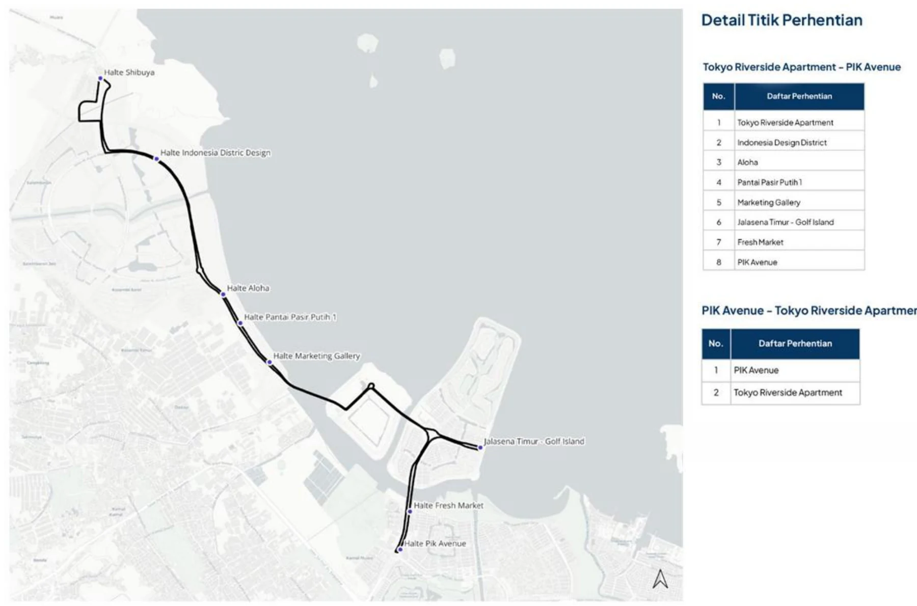 Bus W2 Express route map between Tokyo Riverside Apartment and PIK Avenue, with the stop list for both directions.
