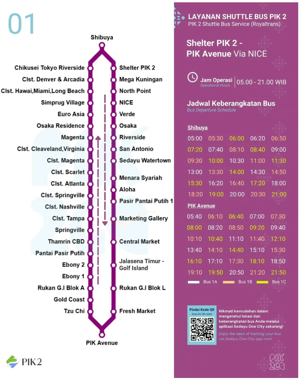 Shuttle Bus PIK 2 line 01, Shelter PIK 2 to PIK Avenue via NICE: full stop list and departure schedule from Shibuya and PIK Avenue.