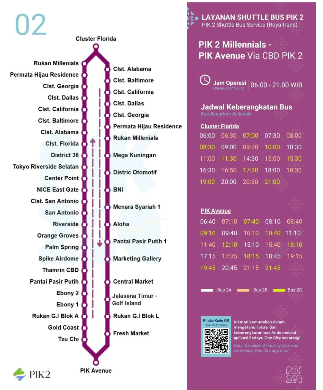 Shuttle Bus PIK 2 line 02, PIK 2 Millennials to PIK Avenue via CBD PIK 2: full stop list and departure schedule from Cluster Florida and PIK Avenue.